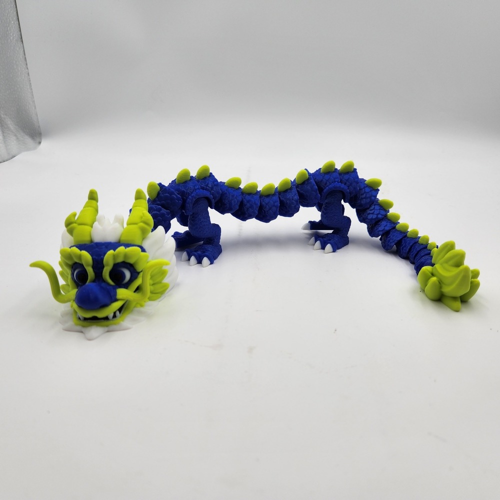 3D Printed Articulated Dragon Toy Blue Green White Mythical Display Fantasy Desk